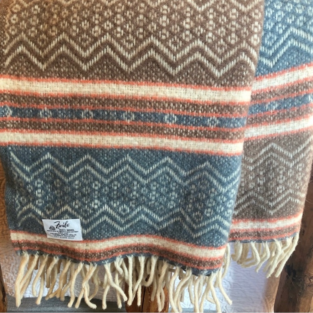 Faribo vintage wool blanket throw woven boho orange brown blue 48 X 48